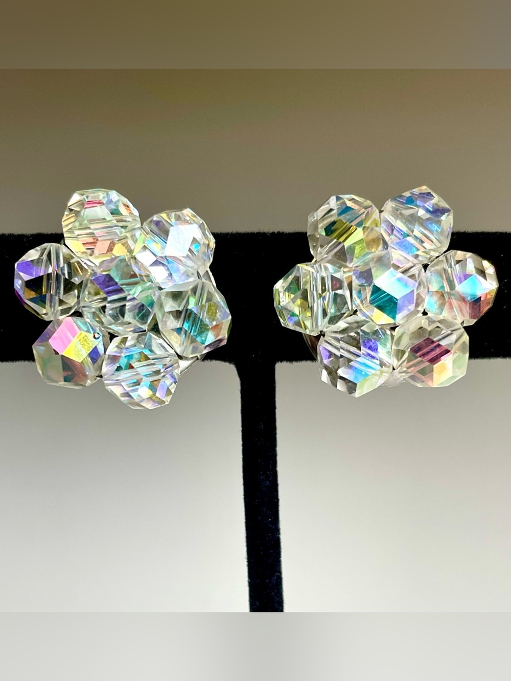 Vintage 1950s Aurora Borealis AB Crystal Bead Cluster Clip Earrings Retro Glam